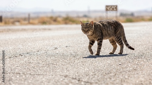 Stray Tabby Cat Walking on Hot Empty Highway with 45 Degrees Celsius Sign in Background
