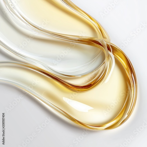 Close-up abstract image of golden liquid droplets with smooth, reflective surfaces on a white background