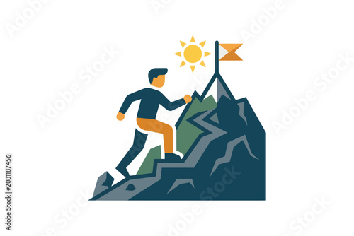 Mountain Climber Success Flat Vector Illustration