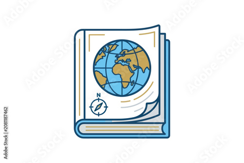 Atlas Book with Globe and Compass Vector Illustration