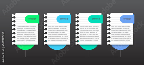 Modern infographic template with notebook paper style and colorful option tabs. Clean timeline layout for business presentations, workflow, process, strategy, roadmap, and corporate reports.