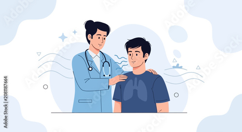 Doctor comforting patient with lung illustration, healthcare, diagnosis, and respiratory health concept