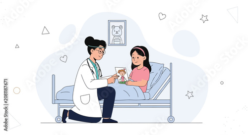 Doctor Comforts Young Patient in Hospital Bed, Showing Drawing for Encouragement