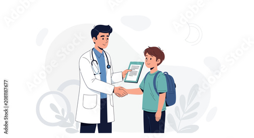 Doctor congratulating a young patient after a successful check-up, medical care concept illustration