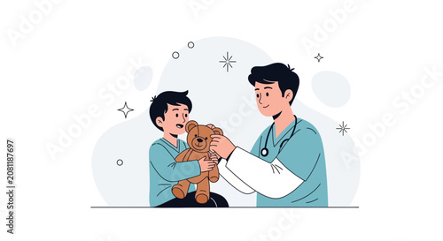Doctor comforting child with teddy bear, illustration of pediatric care and kindness
