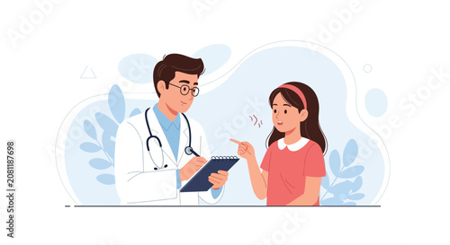 Doctor consulting a young girl, vector illustration. Medical examination and healthcare concept.