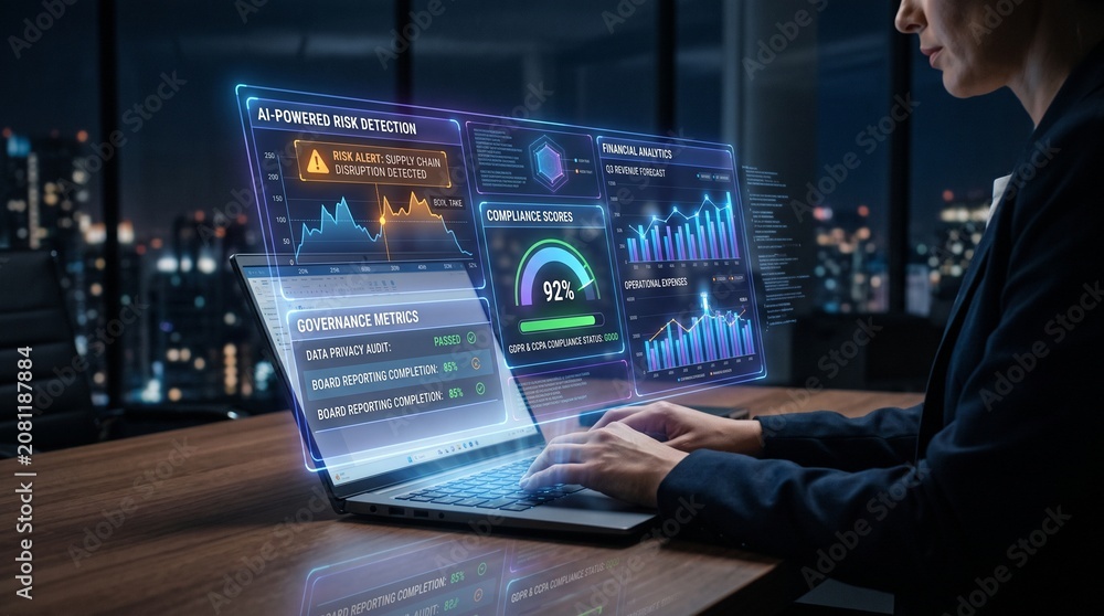 Fototapeta premium Businesswoman Analyzing AI-Powered Risk Detection and Financial Data on Laptop at Night analytics compliance scores governance metrics office city skyline alert supply chain disruption privacy