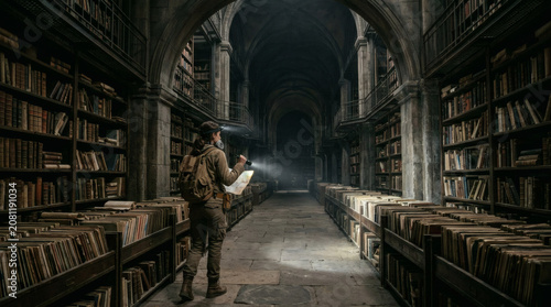 Explorer Navigates Vast Ancient Library with Map and Light
