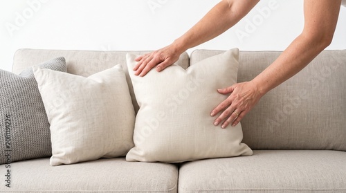 Photorealistic hands arranging pillows on sofa, neat adjustment, no face, pure white seamless background