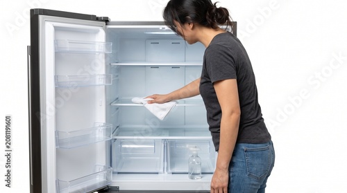 Photorealistic side view of person without face, wiping refrigerator shelves, cleaning chore, pure white background