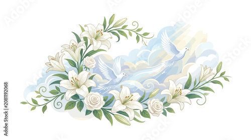 Photos Elegant white lilies and peaceful doves flying in a soft blue cloudy sky with di