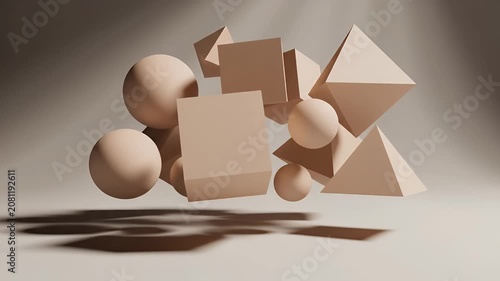 Minimalist 3D Composition of Floating Geometric Shapes in a Neutral Beige Studio Space