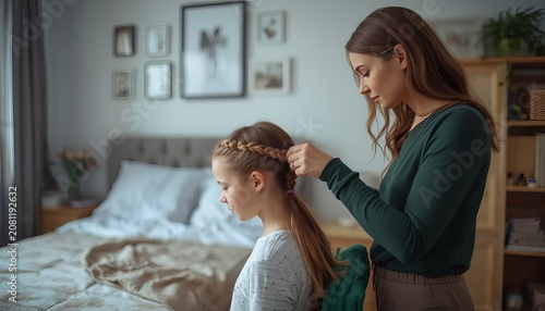 Caring mother braiding her young daughter hair before school in a cozy bedroom setting with soft natural morning light for a heartwarming family moment
