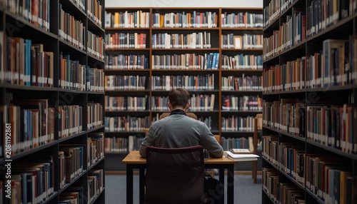 A male college student sits alone studying at a desk inside a quiet university library surrounded by rows of tall bookshelves filled with old books