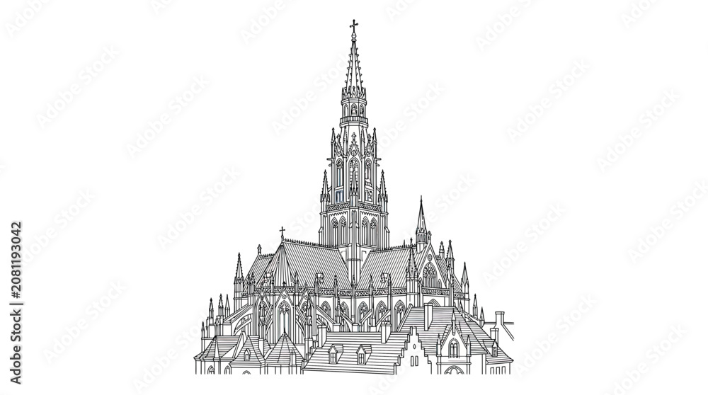 Fototapeta premium Gothic Church Steeple Tower Line Drawing