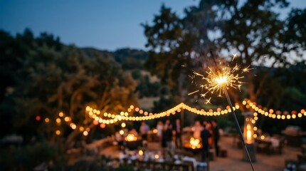 A glowing golden sparkler emits bright sparks in the foreground during an outdoor evening event with blurred string lights and people in a garden setting at dusk.