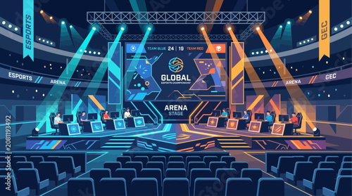 A vibrant flat design vector illustration of a large-scale esports gaming arena stage, complete with illuminated stations and a giant screen. 