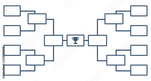 Tournament bracket layout with trophy icon, blue lines on white