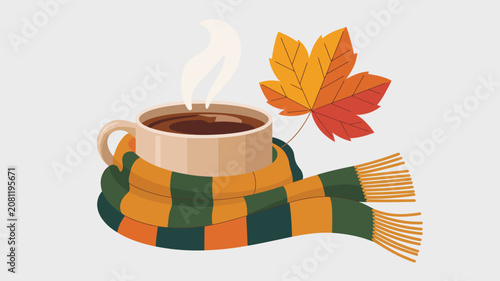 Warm steaming mug of hot beverage wrapped in a striped scarf with an autumn leaf