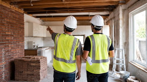 Construction Workers Inspecting Interior Building Site Renovation Project.