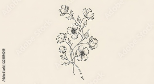 Elegant Black Line Drawing of Floral Branch with Blossoms on Light Background