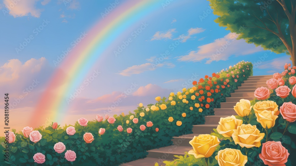Naklejka premium Vibrant rainbow appears over staircase with colorful roses