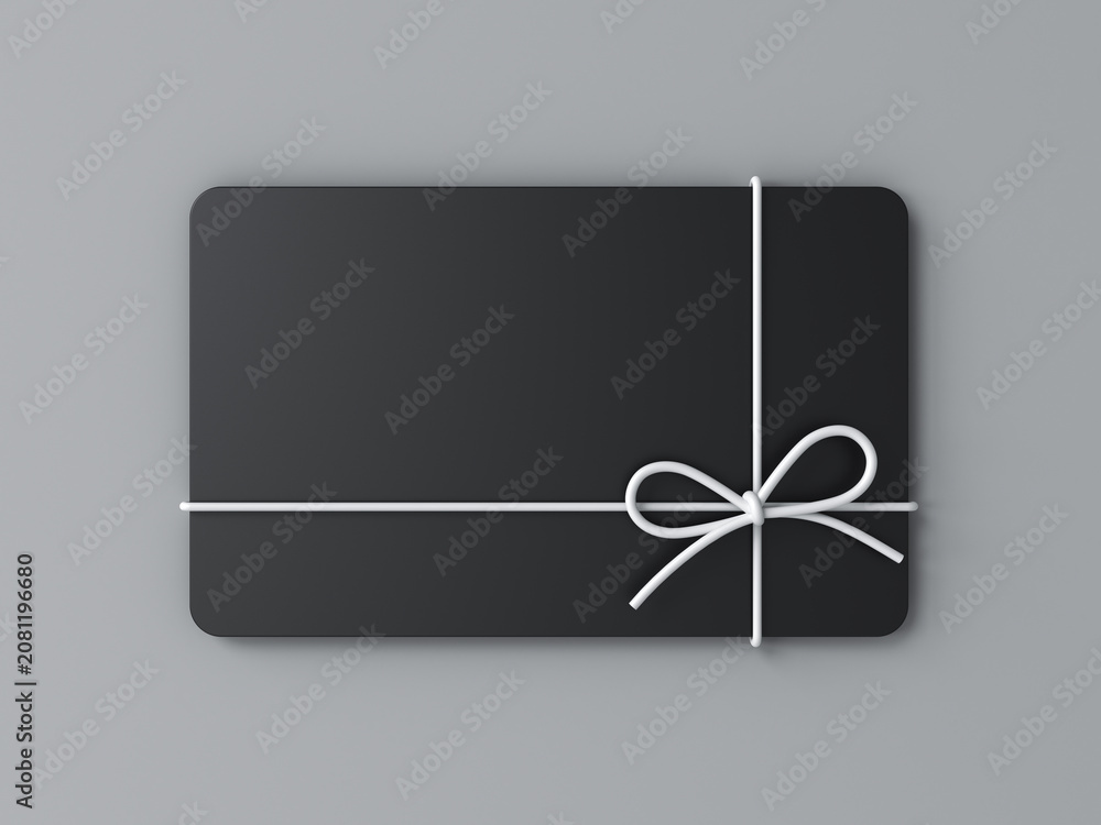 Fototapeta premium Blank black business gift card mock up with white rope bow isolated on gray background with shadow minimal conceptual 3D rendering