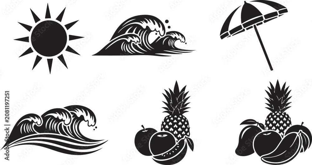 Fototapeta premium Black and white beach scene with sun waves umbrellas and fruit