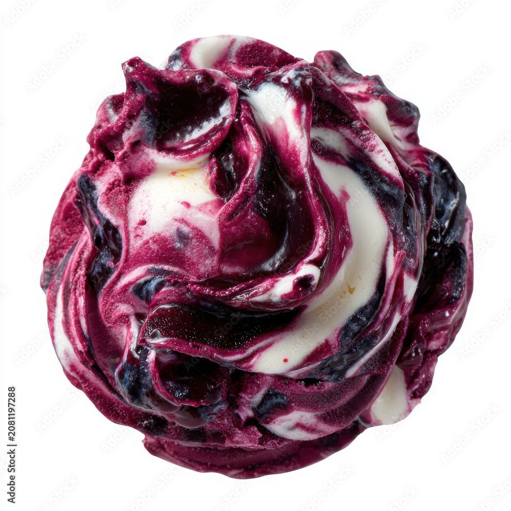Obraz premium Gelato dessert made of blueberry with syrup swirls isolated on a white background