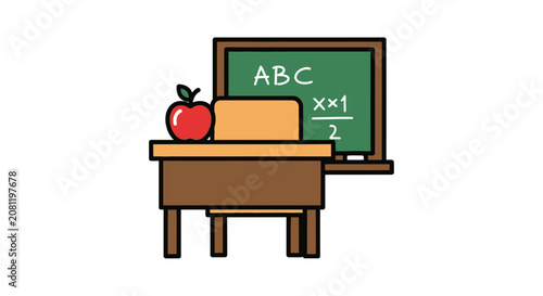 Classroom desk with apple and chalkboard showing ABC and math.