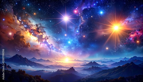 Celestial scene with mountains, nebula, and bright stars painting a vivid space vista