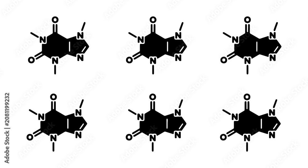 Fototapeta premium Caffeine Molecule Structure, Chemical Formula Vector Set, Organic Compound Science Icons