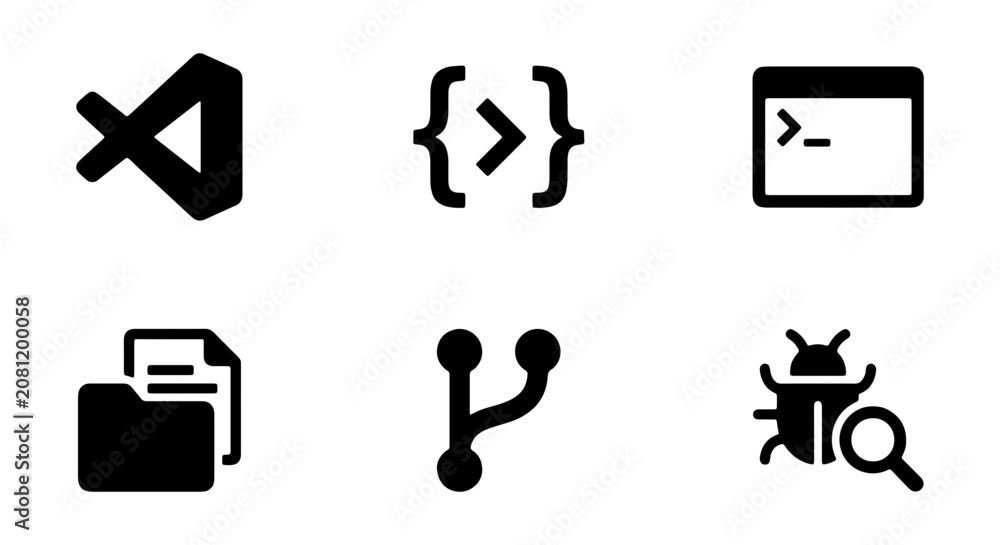 Fototapeta premium Software Development Icons: Code, Debugging, Version Control, Files, Terminal