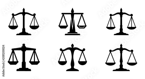Justice Scales Icons Set, Legal Balance Symbols, Law and Order Vector Graphics
