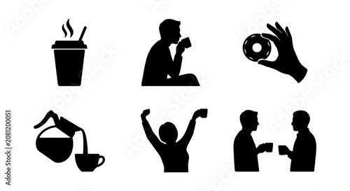 Coffee Break Icons: Morning Rituals, Enjoyment, and Social Moments, Vector Set