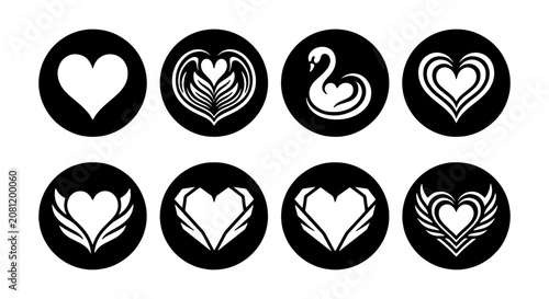 Elegant Heart Icons, Vector Set: Love, Romance, Swan Designs for Valentine's Day Graphics