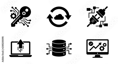 Technology Icons: Cloud Sync, Data Server, Security Key, Upload, Network Connection, Analytics Monitor
