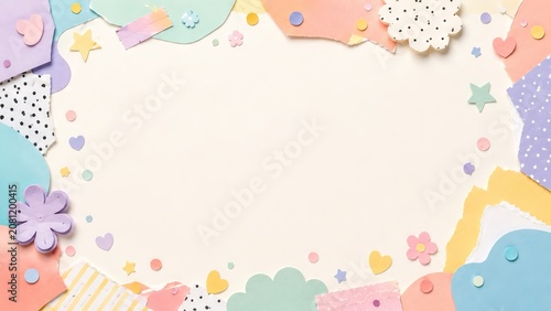 Colorful confetti frame with pastel paper cutouts creating whimsical background and decorative copy space. concept of celebrations, invitations, creative scrapbooking.