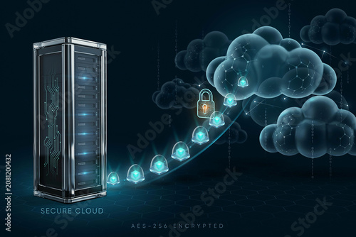 Secure cloud storage, encrypted data transfer, server with lock, cloud computing security, AES 128 encrypted
