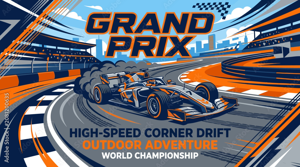 Obraz premium Dynamic Grand Prix Racing Car Corner Drift Action Scene With Cityscape Background