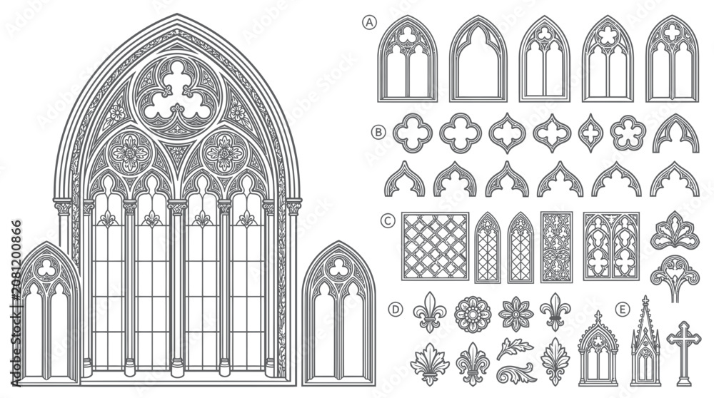 Photos Gothic Window and Architectural Elements Vector Illustration