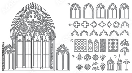 Tableau sur toile Gothic Window and Architectural Elements Vector Illustration