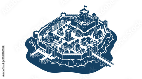 Fotografie Medieval Island Fortress Town Illustration