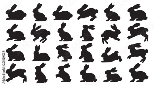 Multiple black rabbit silhouettes are sitting or jumping on white background.