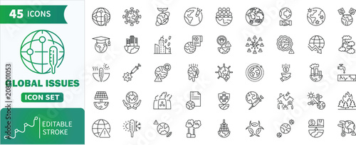 Tableau sur toile Global issues line icons set with editable stroke