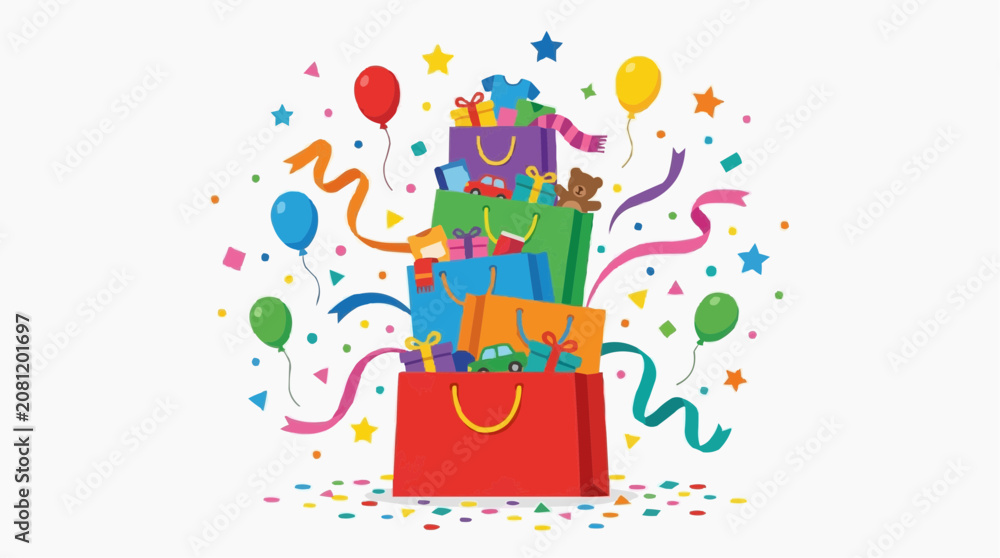 Fototapeta premium Birthday Surprise: A vibrant explosion of gift bags, balloons, and confetti bursts forth, celebrating a joyous birthday occasion.