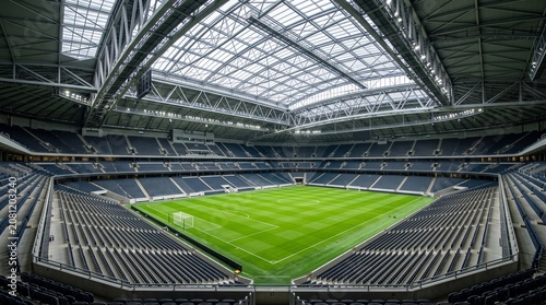 Modern football stadium with an open roof, allowing natural sunlight across the playing field.