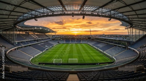 Modern football stadium during sunset with warm golden light and vibrant evening sky.