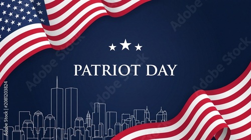 A solemn Patriot Day memorial banner featuring a waving United States flag and a white outline of the New York City skyline on a dark blue background.