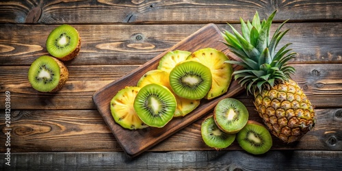 Wooden chopping board with slices of fresh pineapple and kiwi on a rustic wooden cutting board background